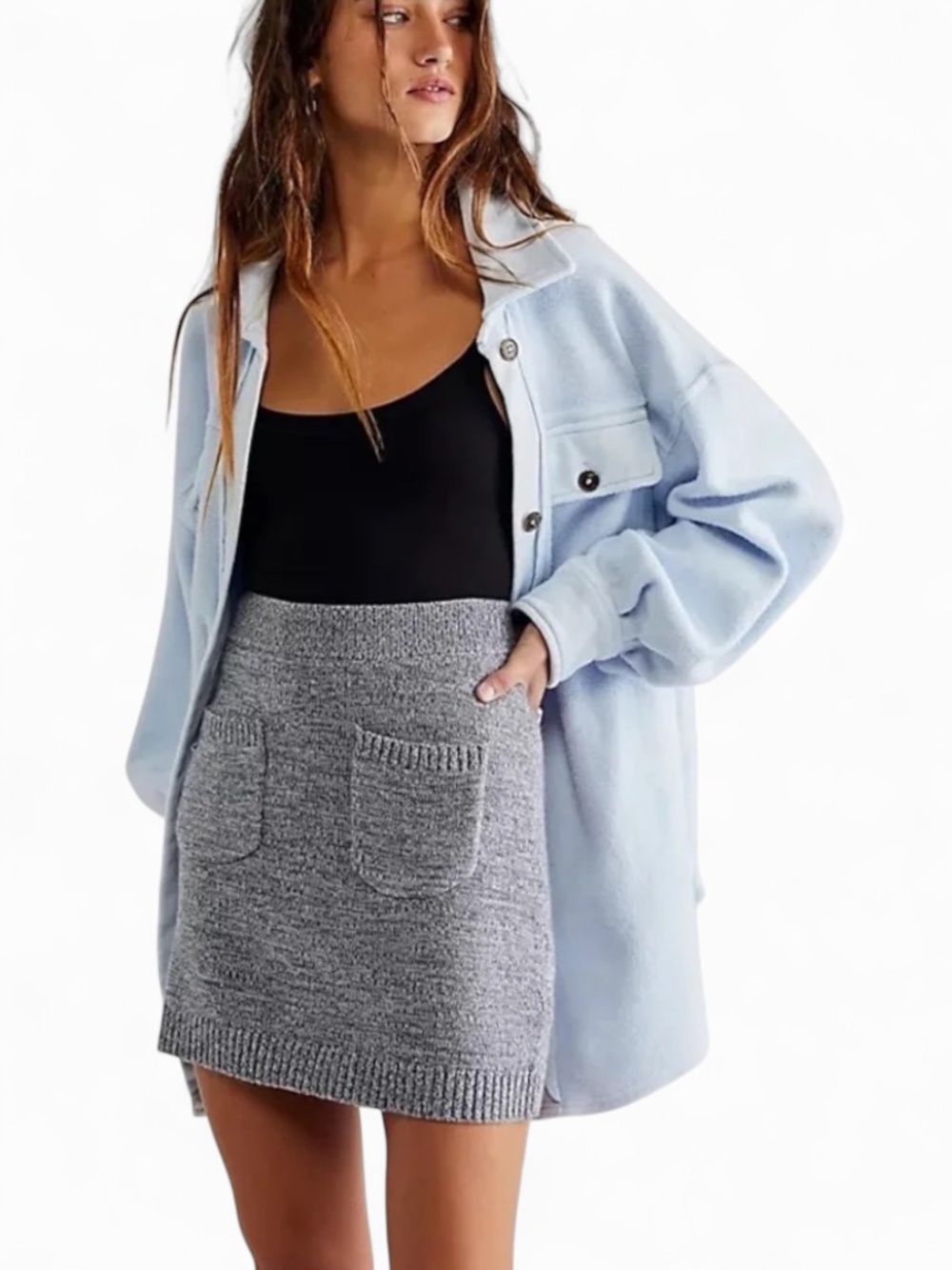 Free People We‎ The Free Viola Sweater Mini Skirt Knit Grey Blue Sz S